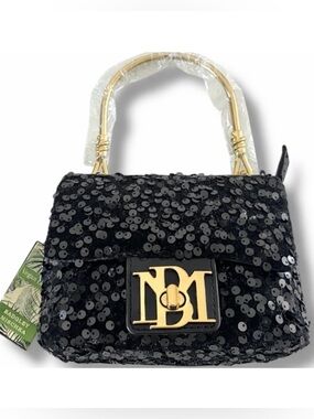 Badgley Mischka Black Sequin Mini Flap Bag Gold Handle & Chain Strap NWT